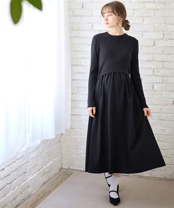 Rosemadame リブニットトップス×ツイルフレアスカート ドッキングワンピース（マタニティ/授乳服）授乳口付き 授乳楽々 妊婦服 産前・産後対応_variationthumb_1