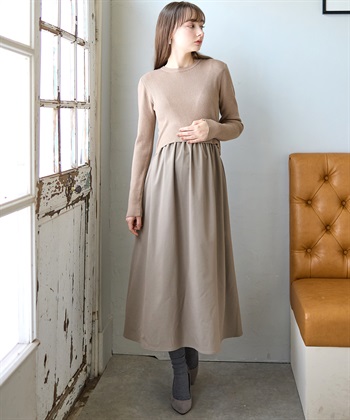 Rosemadame リブニットトップス×ツイルフレアスカート ドッキングワンピース（マタニティ/授乳服）授乳口付き 授乳楽々 妊婦服 産前・産後対応_variationthumb_2