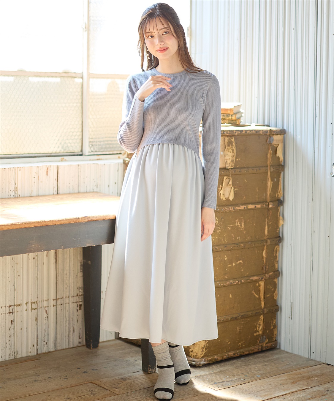 Rosemadame リブニットトップス×ツイルフレアスカート ドッキングワンピース（マタニティ/授乳服）授乳口付き 授乳楽々 妊婦服 産前・産後対応_variation_3