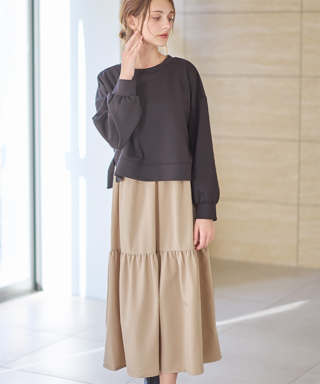 Rosemadame ダンボールプルオーバー×ティアードスカートドッキングワンピース(マタニティ&amp;授乳服）授乳口付き 授乳楽々 妊婦服 産前・産後対応_variation_1