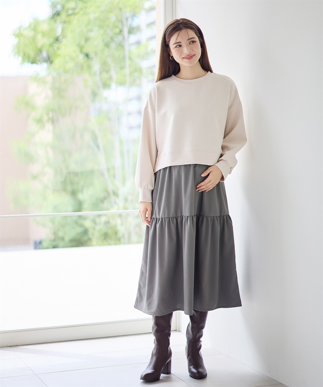 Rosemadame ダンボールプルオーバー×ティアードスカートドッキングワンピース(マタニティ&amp;授乳服）授乳口付き 授乳楽々 妊婦服 産前・産後対応_variation_2