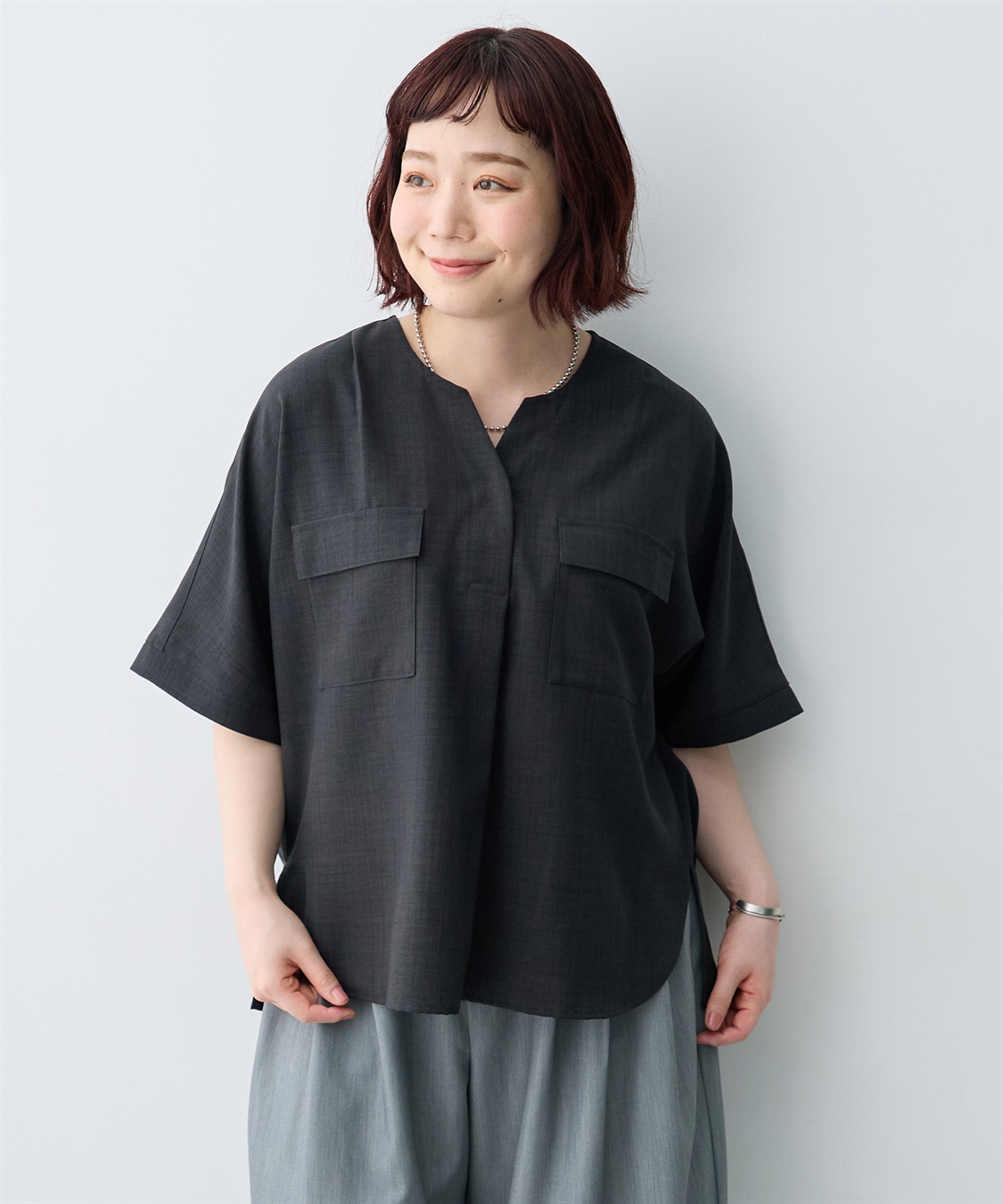 anyfee 【anyfee/大きいサイズ】リネン調キーネックサファリシャツブラウス◆新色追加◆《接触冷感 ・UVカット・イージーケア 》（セットアップ対応/上下別売り）_variation_1