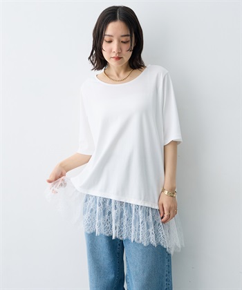 【anyfee×HINAコラボ】アシンメトリー裾レースTシャツ《大きいサイズ》(オフホワイト-LL)