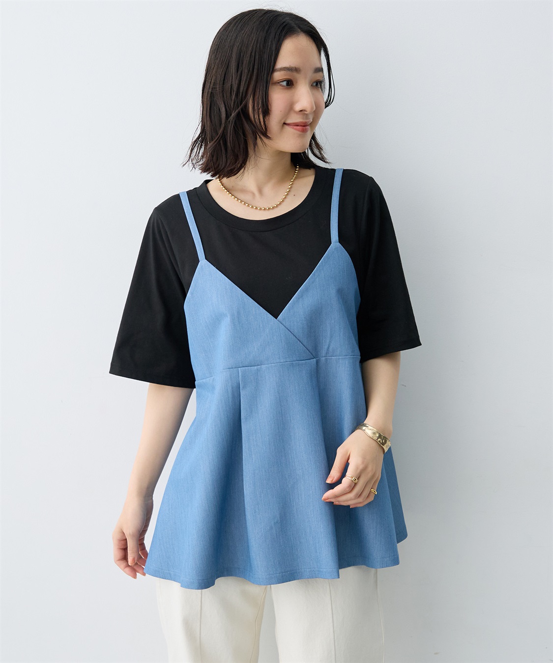 anyfee 【anyfee×HINAコラボ】デニムライクビスチェレイヤード風Tシャツ《大きいサイズ》_variation_1