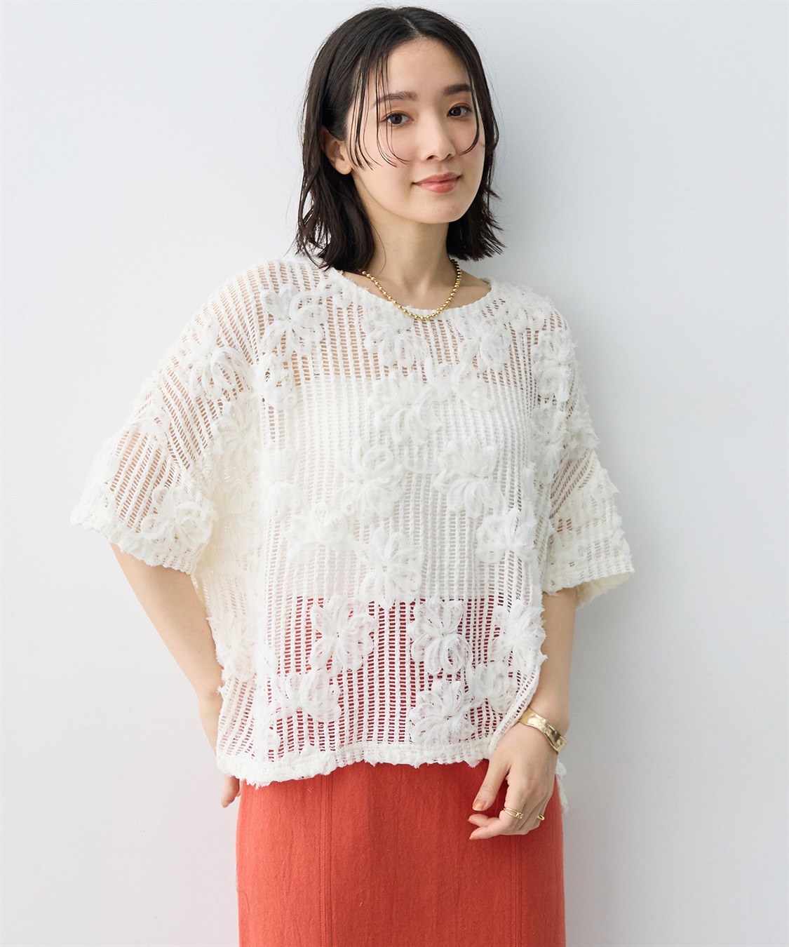 anyfee 【anyfee×HINAコラボ】フラワーレースメッシュ半袖トップス《大きいサイズ》_variation_1