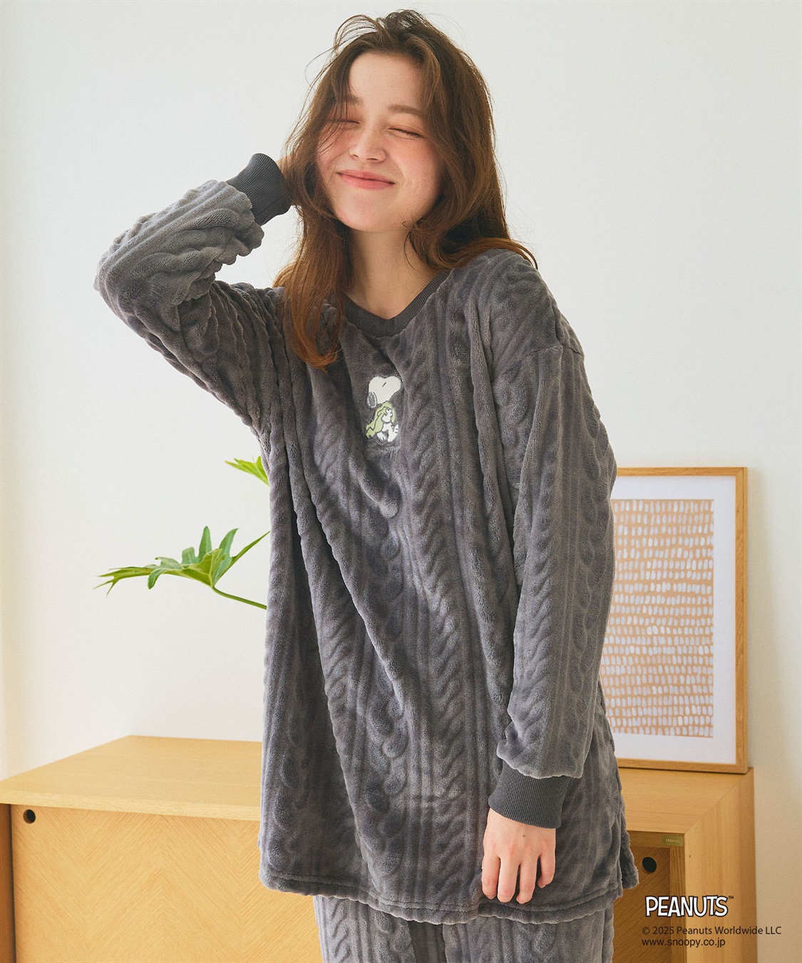 chara station 【PEANUTS/ピーナッツ】SNOOPY/スヌーピー刺繍ケーブルフリース長袖トップス/ルームウェア（上下別売り）_main