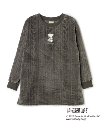 【PEANUTS/ピーナッツ】SNOOPY/スヌーピー刺繍ケーブルフリース長袖トップス/ルームウェア（上下別売り）(グレー-M)