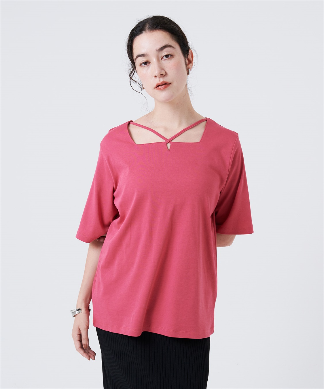 anyfee 【anyfee/大きいサイズ】着てサラ汗じみ防止クロスネックトップス/半袖Tシャツ《接触冷感・吸水速乾・UVカット》_variation_4