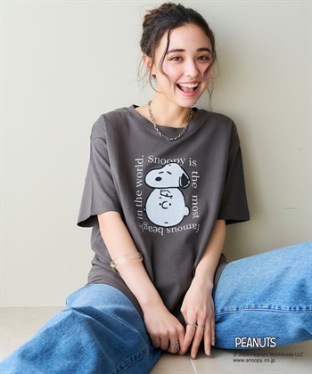 【PEANUTS/ピーナッツ】SNOOPY/スヌーピー＆チャーリー・ブラウンフェイスプリントTシャツ(グレー-M)