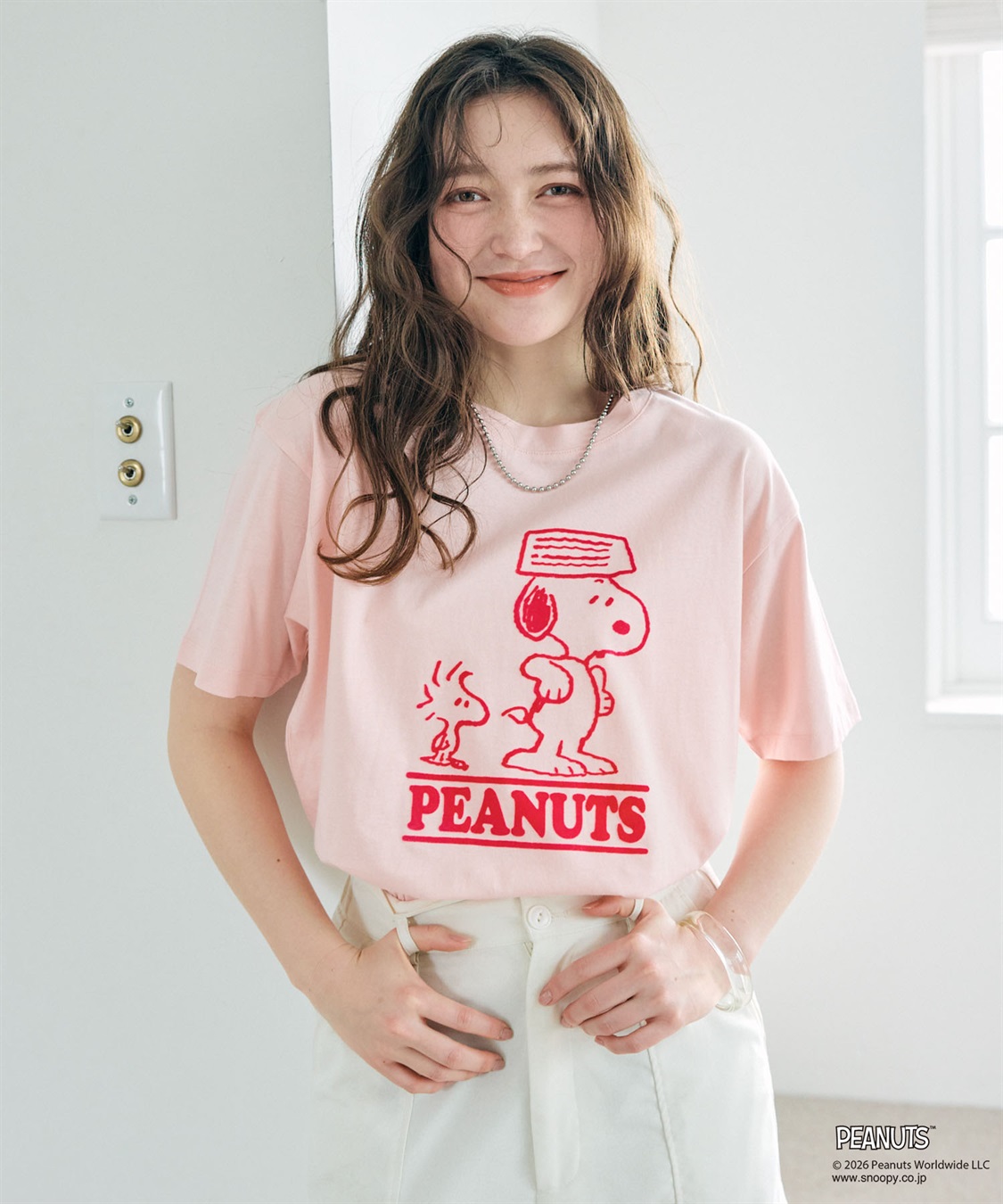 chara station 【PEANUTS/ピーナッツ】SNOOPY/スヌーピー＆ウッドストックフロッキープリントTシャツ_main