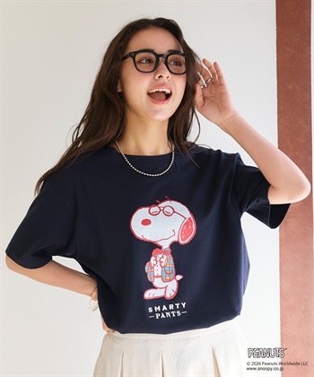 【PEANUTS/ピーナッツ】SNOOPY/スヌーピー「JOE PREPPY」プリントTシャツ(ネイビー-M)