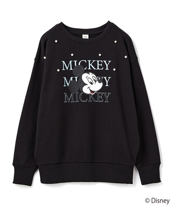 【Disney/ディズニー】Mickey Mouse/ミッキーマウスパール付き裏毛ドロップショルダープリントスウェットプルオーバー(ブラック-M)