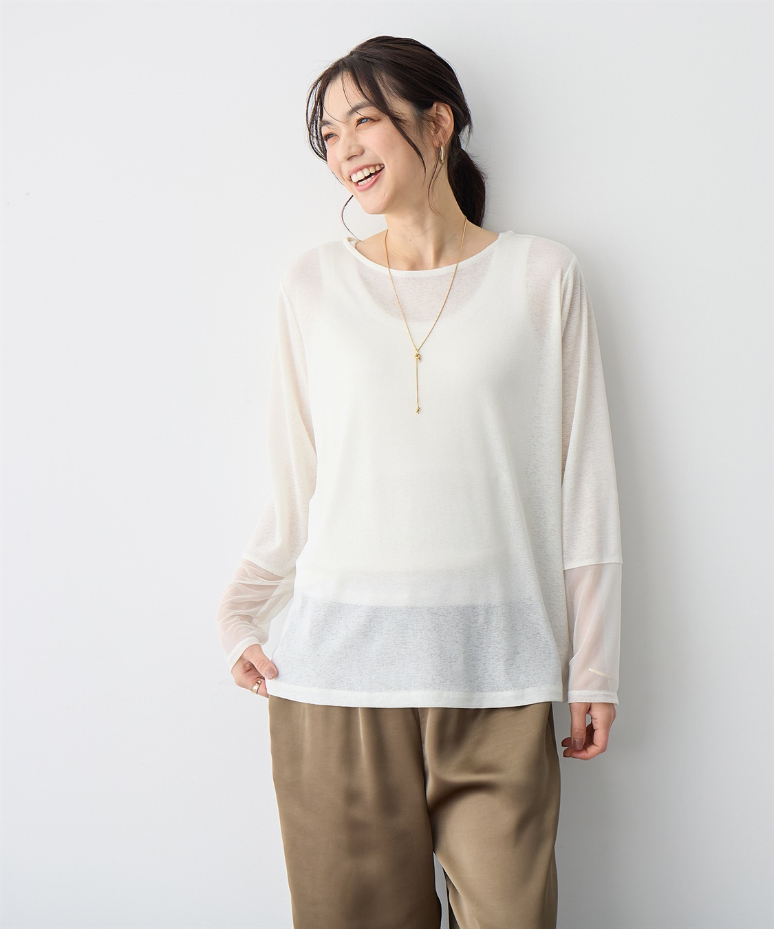 anyfee 【anyfee/プラスサイズ】天竺編み袖チュールカットソー_main