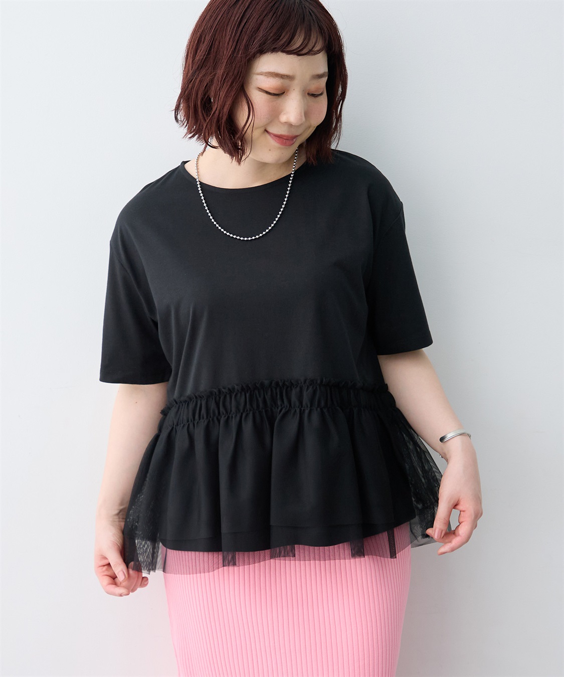 anyfee 【anyfee/大きいサイズ】チュール切替Tシャツ◆新色追加◆_variation_1