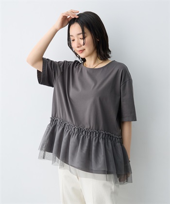 【anyfee/大きいサイズ】チュール切替Tシャツ◆新色追加◆(チャコール-LL)