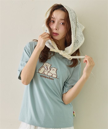 【サンドイッチハウスメルヘン】サガラ刺繍メルるん♪半袖Tシャツ(サックスブルー-M)