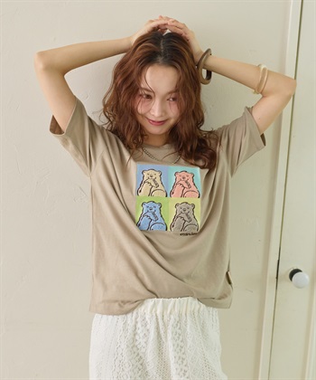 【サンドイッチハウスメルヘン】サガラ刺繍アートメルるん♪半袖Tシャツ(ベージュ-M)