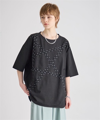 スターモチーフライン入りTシャツ(ブラック系-36)