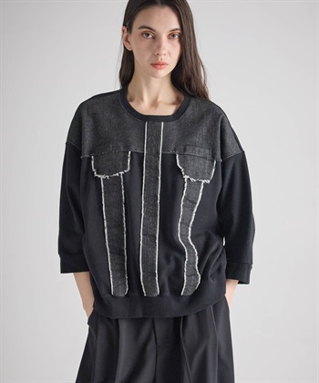 【unisex】七分袖デニムトップス(ブラック-34)
