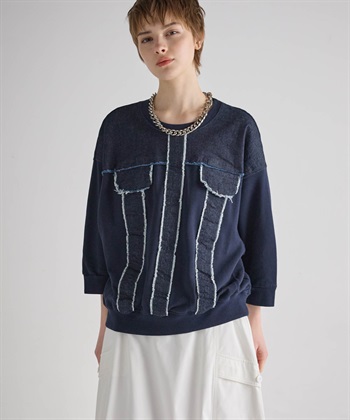【unisex】七分袖デニムトップス(ネイビー-34)