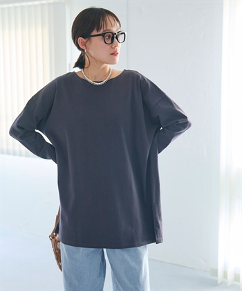 《よれにくい》オーバーサイズコットンロングスリーブTシャツ(チャコール-Ｍ)
