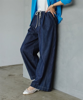 《撥水》FRESH DENIM ドロストデニムワイドパンツ(ネイビー-Ｍ)
