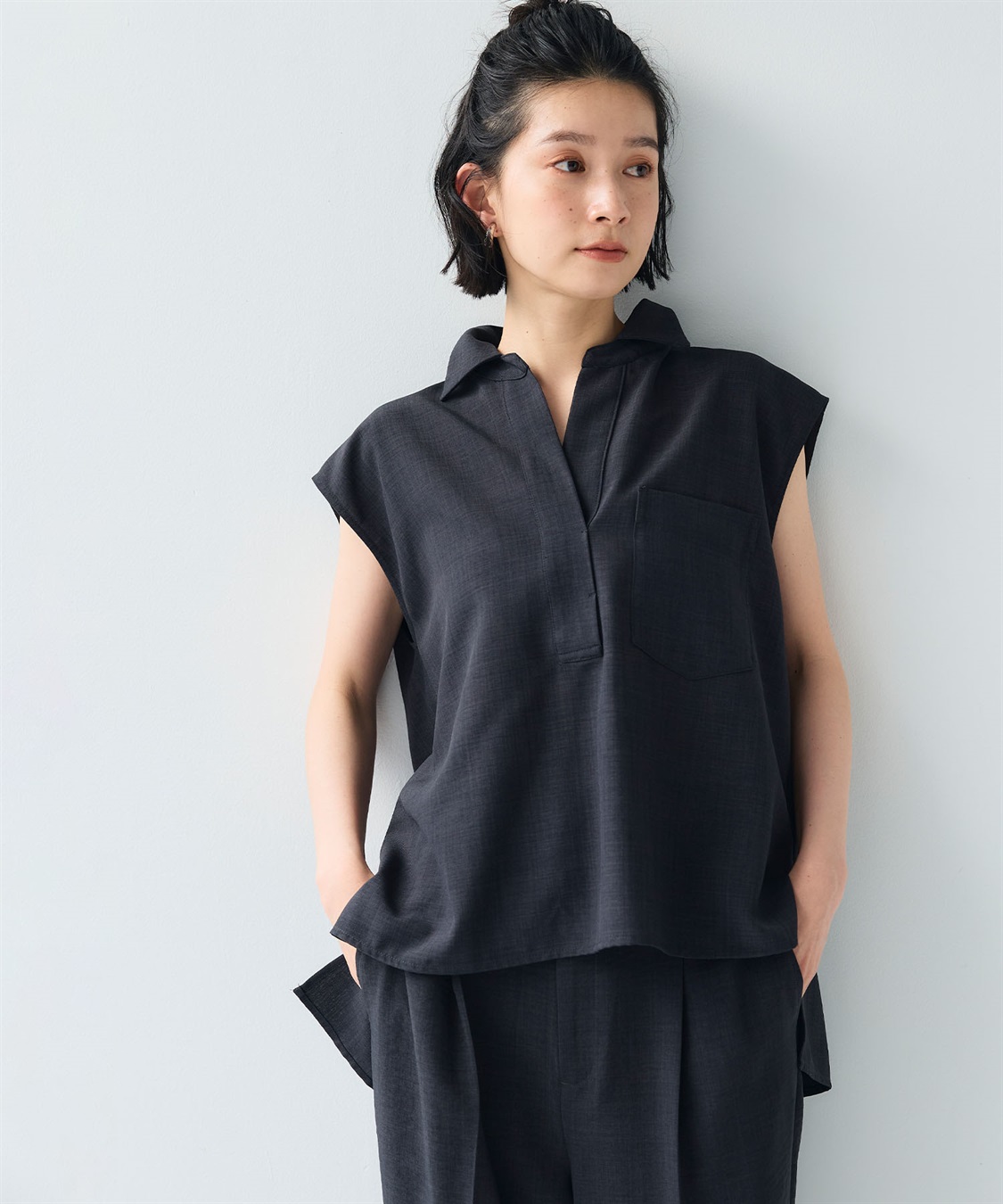 CROSS FUNCTION 《シワになりにくい》サマナチュラ リネンライクスキッパーフレンチスリーブブラウス_main