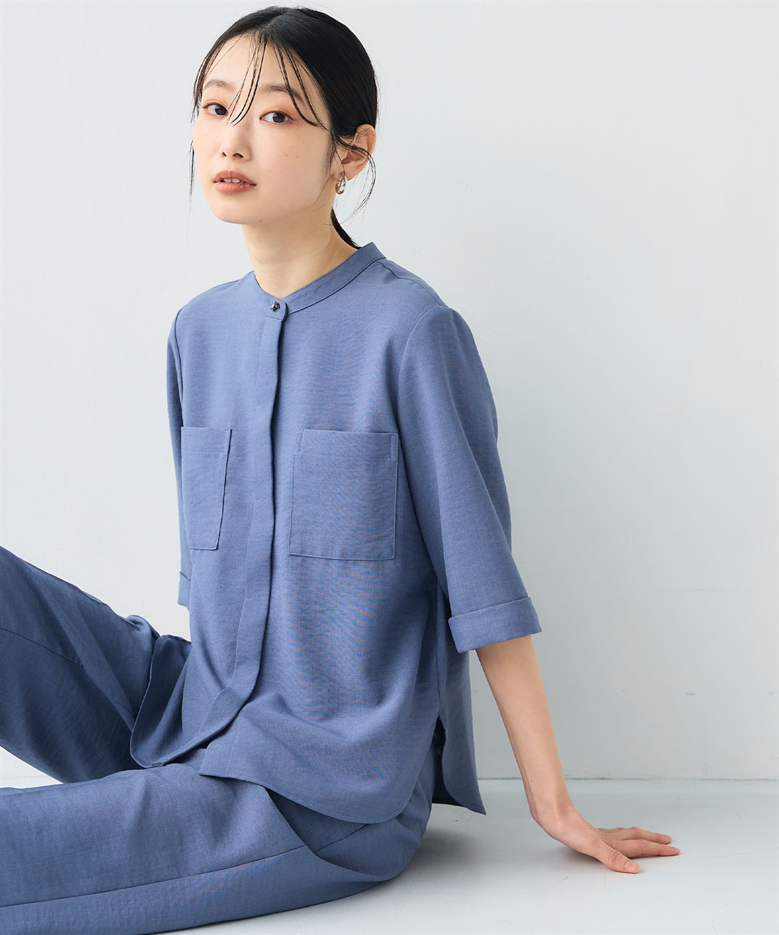 CROSS FUNCTION 《シワになりにくい》サマナチュラ リネンライクバンドカラーハーフスリーブブラウス_variation_3
