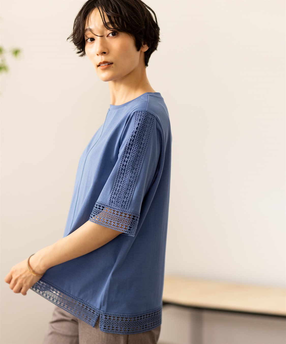 DECOY 【ひやさらコットン】レースドッキングTシャツ【綿100％・接触冷感・UVカット】_sub_1