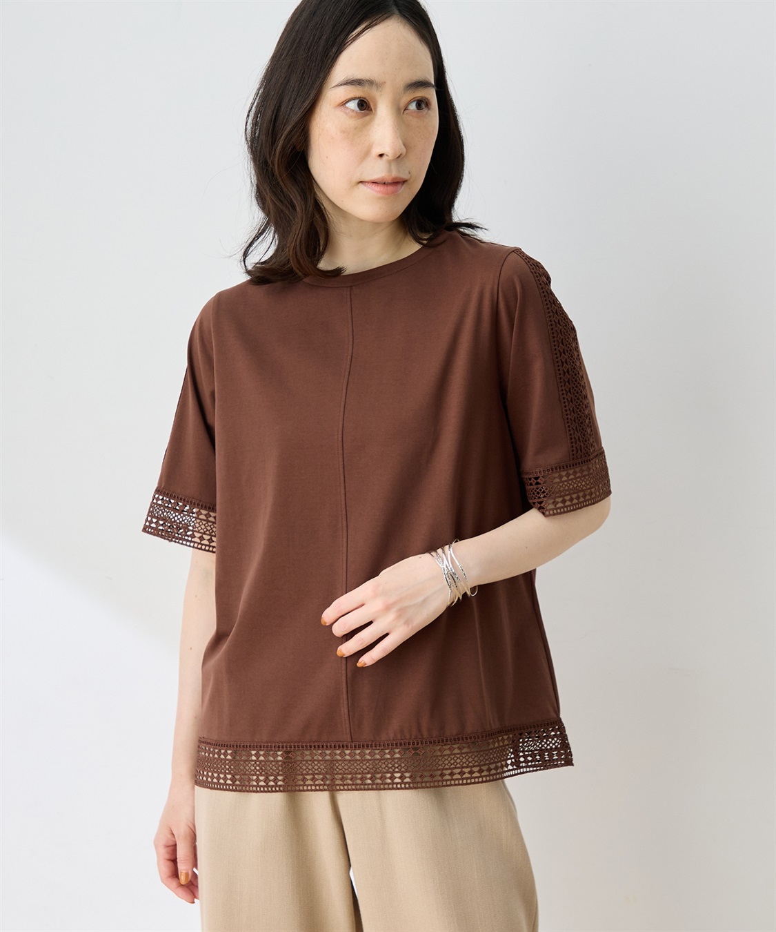 DECOY 【ひやさらコットン】レースドッキングTシャツ【綿100％・接触冷感・UVカット】_sub_4