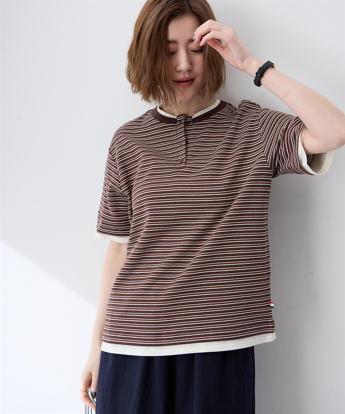 Petit Honfleur レイヤード風ヘンリーネックボーダーTシャツ_sub_3