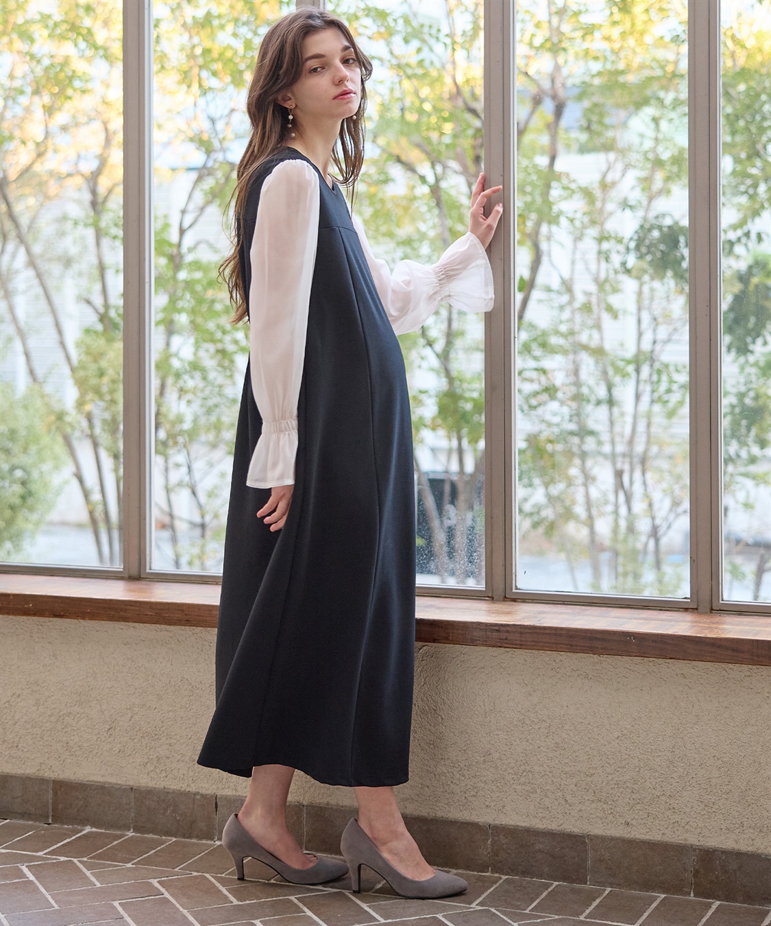 Rosemadame シフォンスリーブ ストレッチジョーゼットワンピース（マタニティ/授乳服）授乳口付き 授乳楽々 妊婦服 産前・産後対応_sub_2