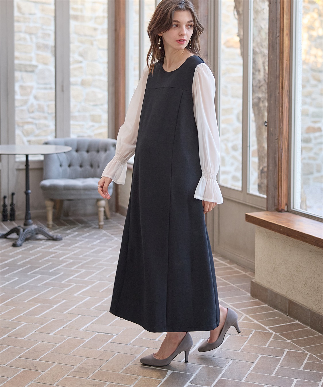 Rosemadame シフォンスリーブ ストレッチジョーゼットワンピース（マタニティ/授乳服）授乳口付き 授乳楽々 妊婦服 産前・産後対応_sub_4