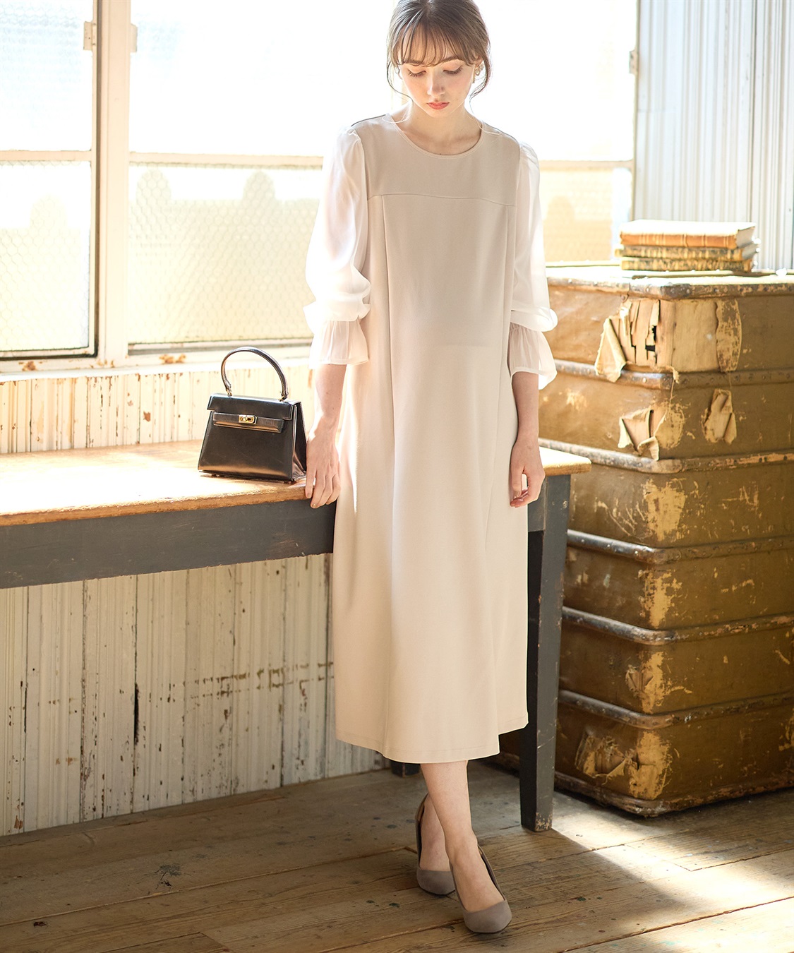 Rosemadame シフォンスリーブ ストレッチジョーゼットワンピース（マタニティ/授乳服）授乳口付き 授乳楽々 妊婦服 産前・産後対応_sub_11