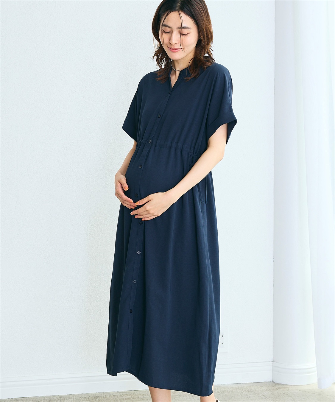 Rosemadame 麻調合繊スキッパ― ドロストシャツワンピース（マタニティ/授乳服）授乳口付き 授乳楽々 妊婦服 産前・産後対応_sub_1