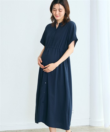 Rosemadame 麻調合繊スキッパ― ドロストシャツワンピース（マタニティ/授乳服）授乳口付き 授乳楽々 妊婦服 産前・産後対応_subthumb_1