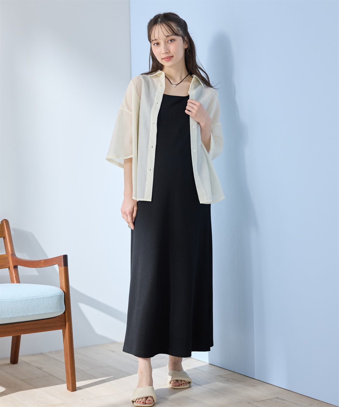 Rosemadame シアーストライプシャツ×ラメリブ ノースリ ワンピース/マタニティワンピース（マタニティ/授乳服）セット 授乳口付き 授乳楽々 妊婦服 産前・産後対応_sub_1
