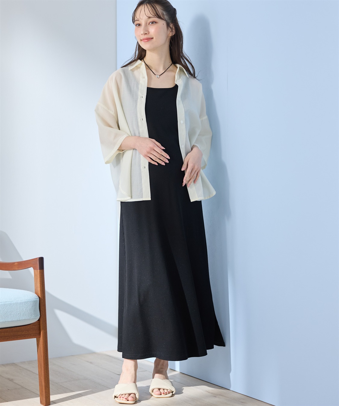 Rosemadame シアーストライプシャツ×ラメリブ ノースリ ワンピース/マタニティワンピース（マタニティ/授乳服）セット 授乳口付き 授乳楽々 妊婦服 産前・産後対応_sub_2