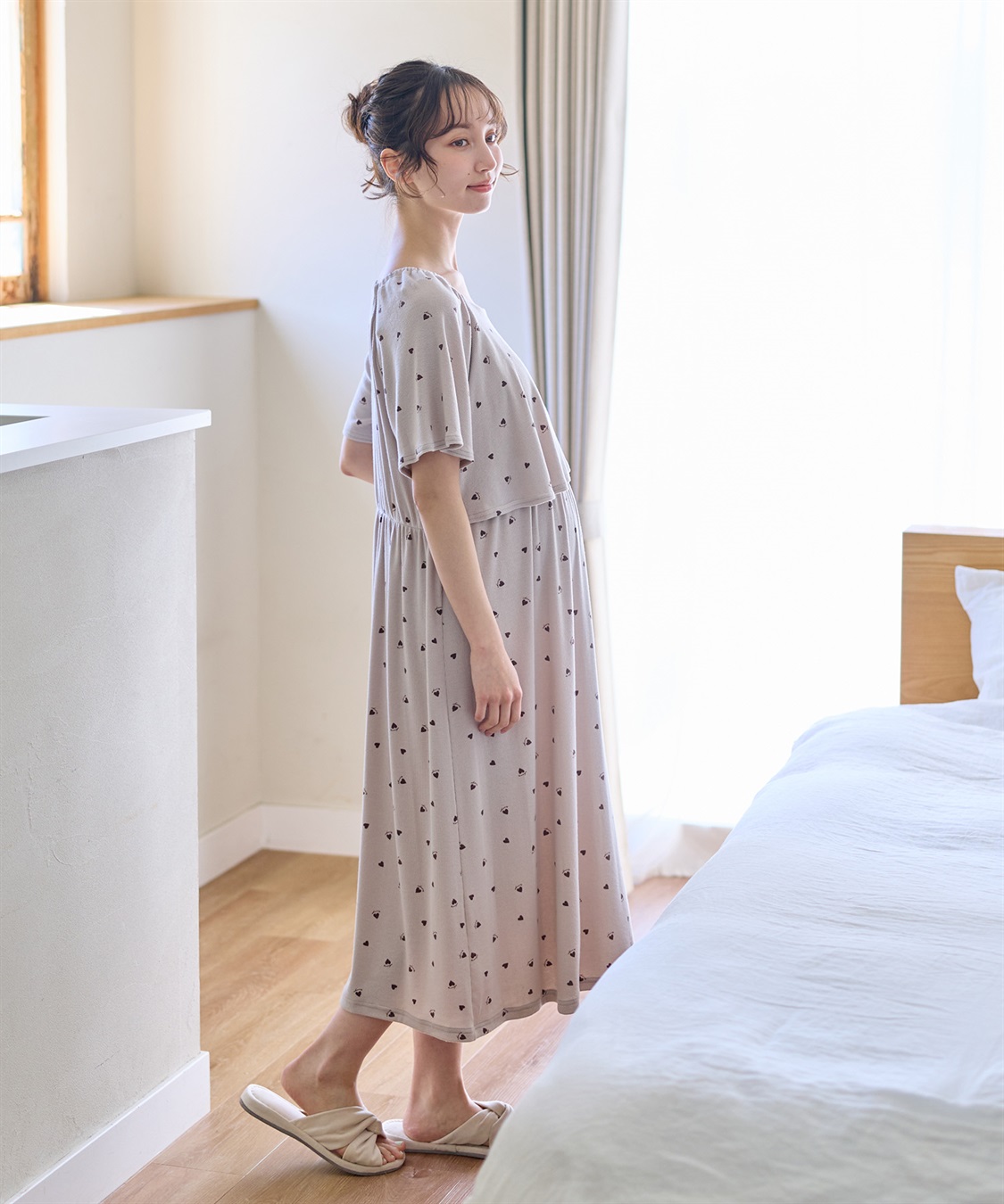 Rosemadame リブハート柄プリントワンピースパジャマ(産前・産後対応 マタニティ＆授乳服 ルームウェア)_sub_4