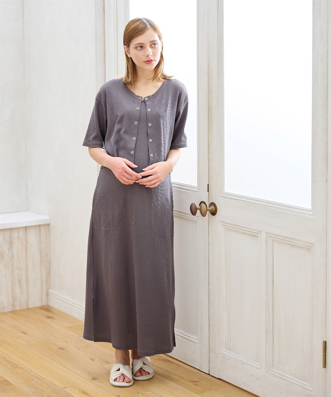 Rosemadame 半袖カーディガンドッキング ワッフルワンピース（マタニティ/授乳服）授乳口付き 授乳楽々 妊婦服 産前・産後対応_sub_1