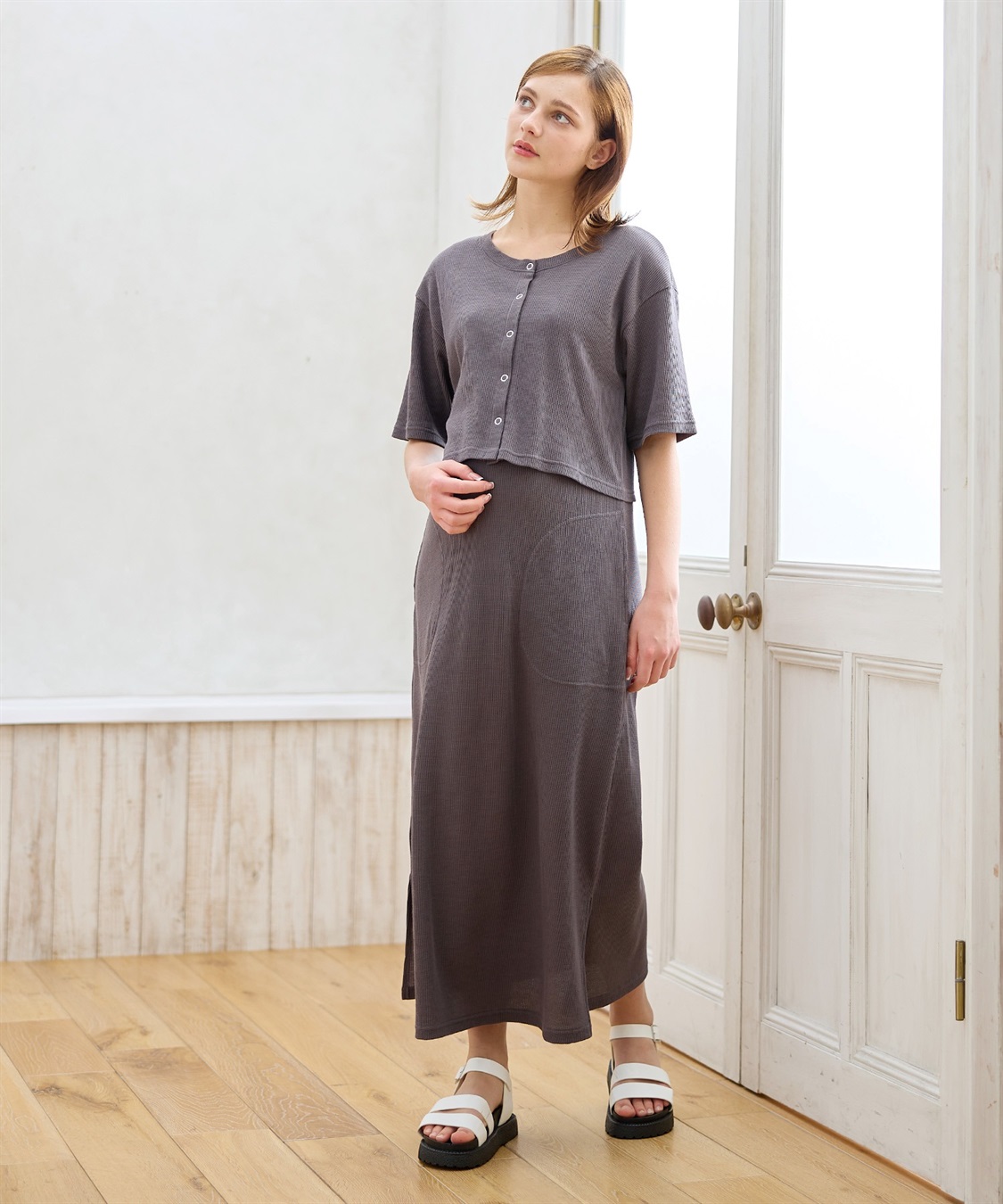 Rosemadame 半袖カーディガンドッキング ワッフルワンピース（マタニティ/授乳服）授乳口付き 授乳楽々 妊婦服 産前・産後対応_sub_8