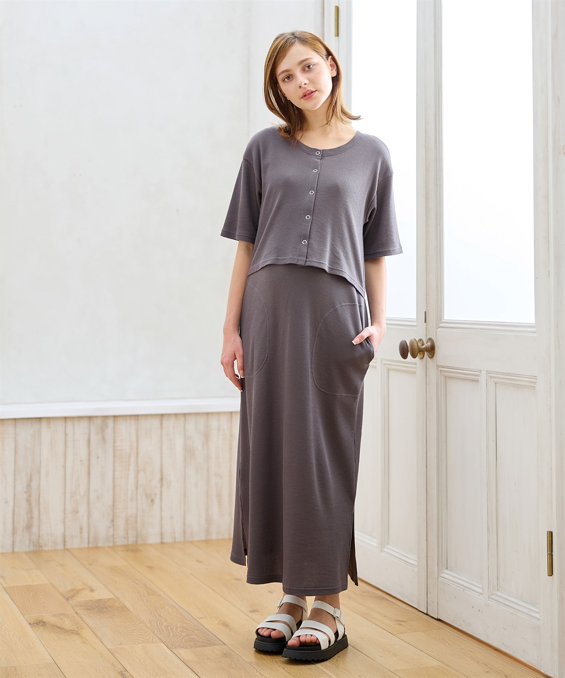 Rosemadame 半袖カーディガンドッキング ワッフルワンピース（マタニティ/授乳服）授乳口付き 授乳楽々 妊婦服 産前・産後対応_sub_9