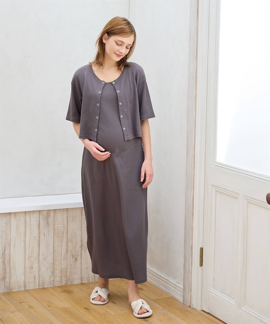 Rosemadame 半袖カーディガンドッキング ワッフルワンピース（マタニティ/授乳服）授乳口付き 授乳楽々 妊婦服 産前・産後対応_sub_10