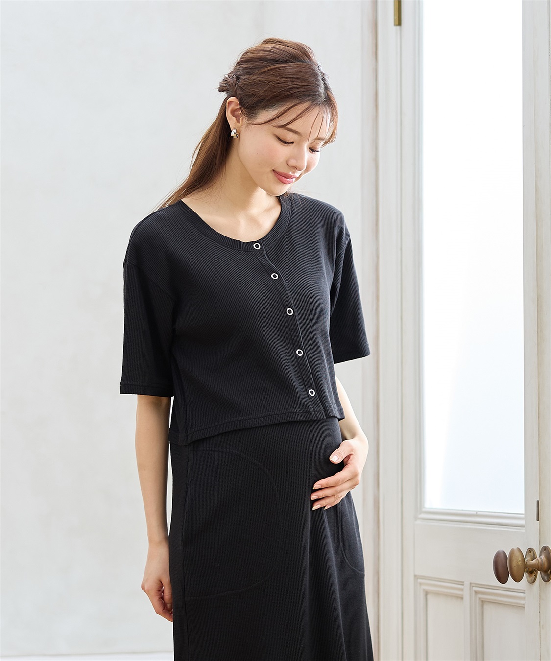 Rosemadame 半袖カーディガンドッキング ワッフルワンピース（マタニティ/授乳服）授乳口付き 授乳楽々 妊婦服 産前・産後対応_sub_20
