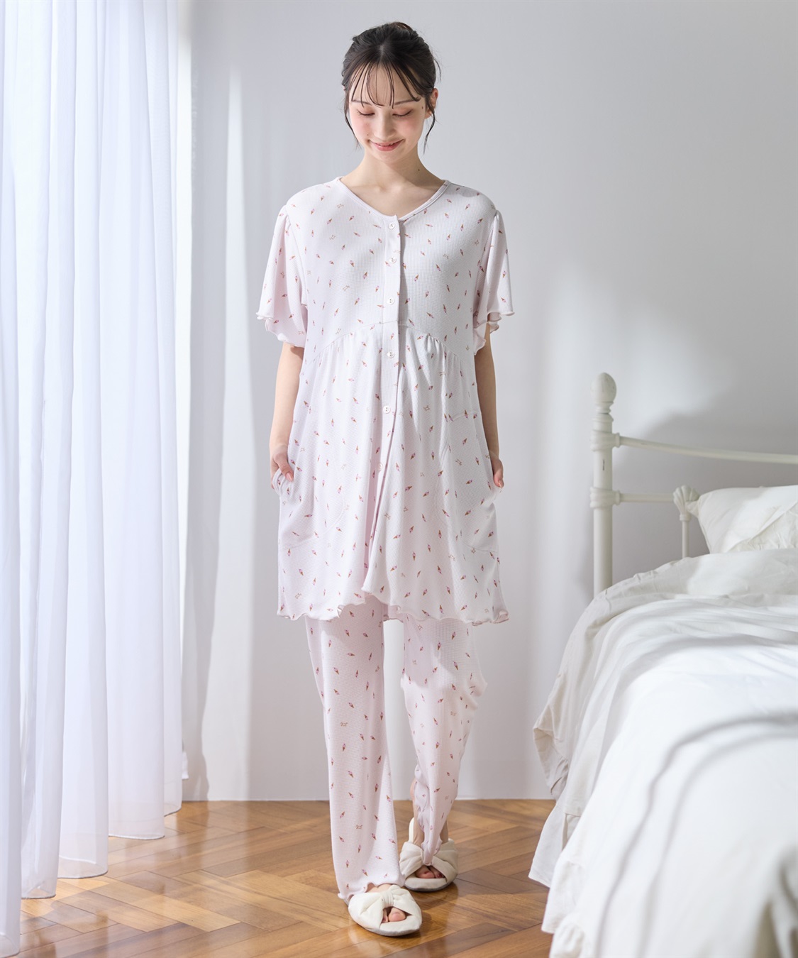 Rosemadame 【接触冷感】 ワッフル風アイス柄パジャマ/マタニティパジャマ（マタニティ/授乳服）上下セット 授乳口付き 授乳楽々 妊婦服 産前・産後対応_sub_1