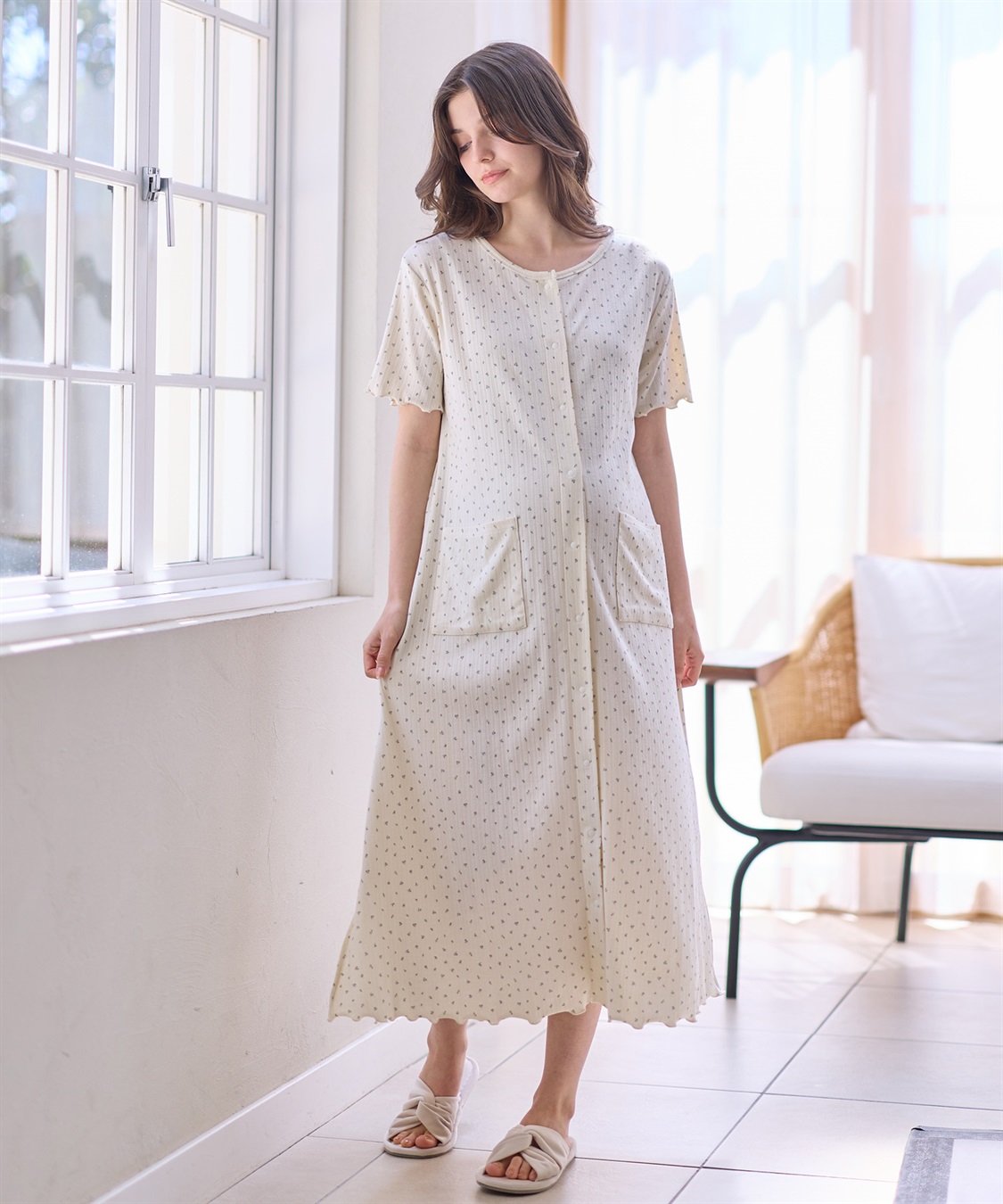 Rosemadame パターンメッシュ小花柄ネグリジェ/ワンピースパジャマ/マタニティパジャマ（マタニティ/授乳服）上下セット 授乳口付き 授乳楽々 妊婦服 産前・産後対応_sub_2