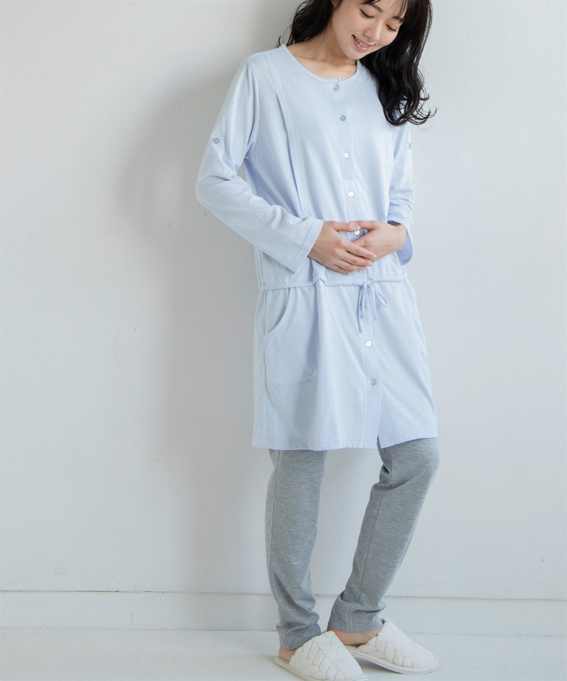 Rosemadame 天竺授乳口付きパジャマ　長袖 ロールアップ 着丈90cm 綿混 シンプル ポケット付き　マタニティパジャマ　maman et bebe(ママンエベベ)（マタニティ/授乳服）入院準備 出産準備 産前 産_sub_25
