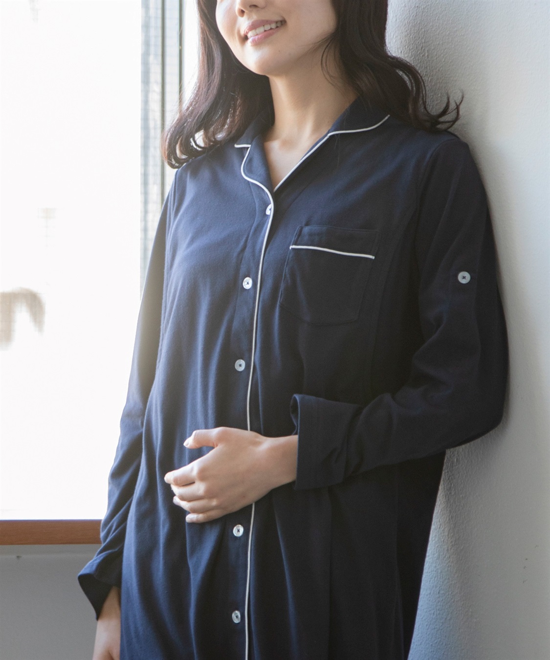 Rosemadame 天竺襟付き授乳口付きパジャマ　長袖 ロールアップ 着丈90cm 綿混 シンプル ポケット付き　マタニティパジャマ　maman et bebe(ママンエベベ)（マタニティ/授乳服）入院準備 出産準備 産_sub_1