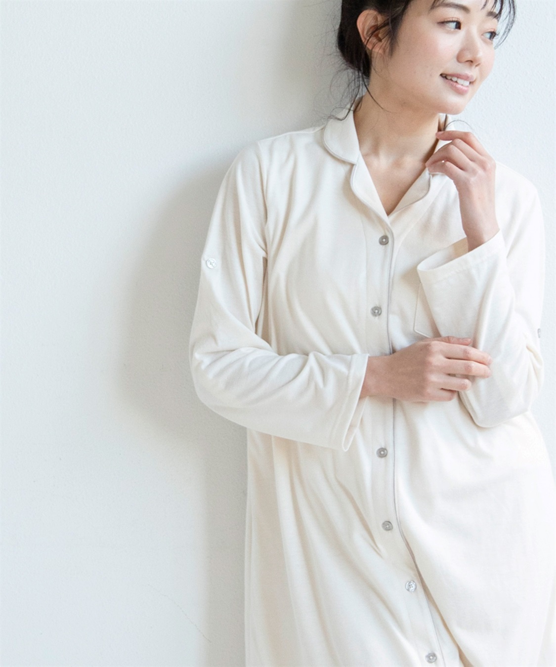 Rosemadame 天竺襟付き授乳口付きパジャマ　長袖 ロールアップ 着丈90cm 綿混 シンプル ポケット付き　マタニティパジャマ　maman et bebe(ママンエベベ)（マタニティ/授乳服）入院準備 出産準備 産_sub_2
