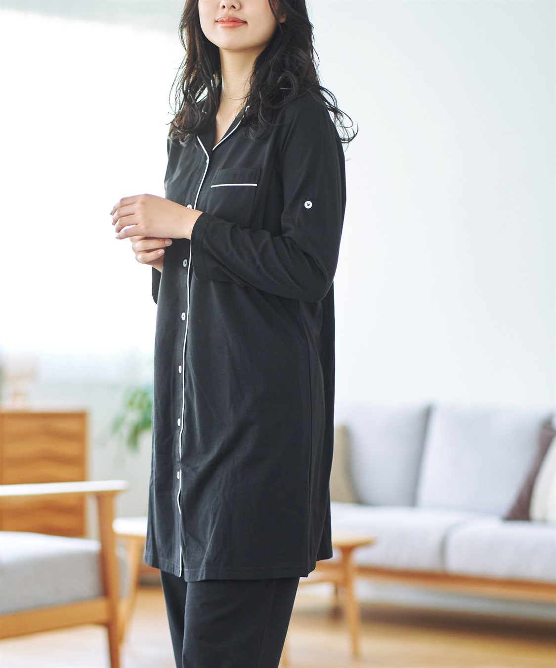 Rosemadame 天竺襟付き授乳口付きパジャマ　長袖 ロールアップ 着丈90cm 綿混 シンプル ポケット付き　マタニティパジャマ　maman et bebe(ママンエベベ)（マタニティ/授乳服）入院準備 出産準備 産_sub_3